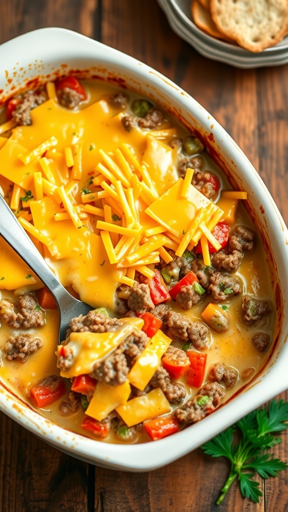 A delicious beef casserole with melted cheese and mixed vegetables in a baking dish on a wooden table.